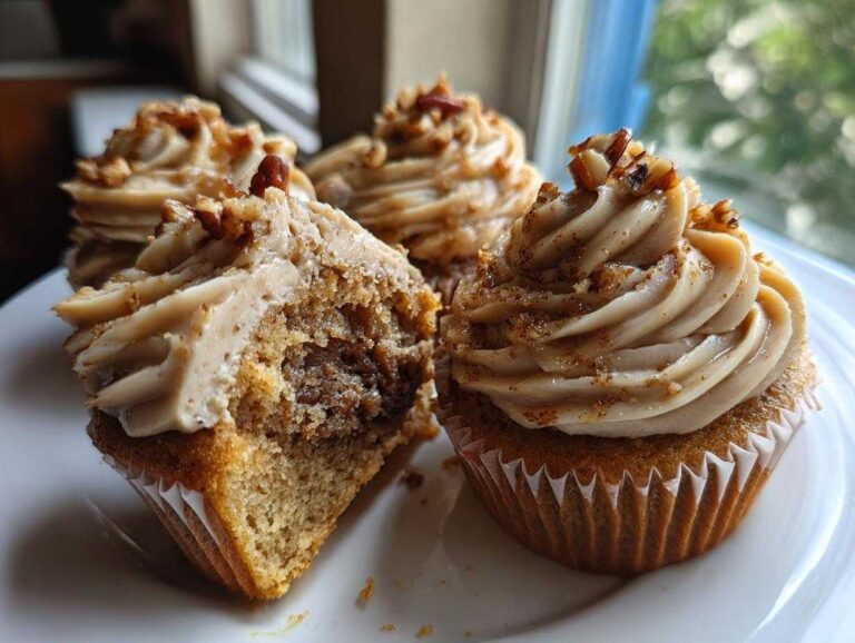 A close-up view of delicious pecan pie cupcakes, one cut in half showing the filling, topped with pecan-sprinkled frosting.