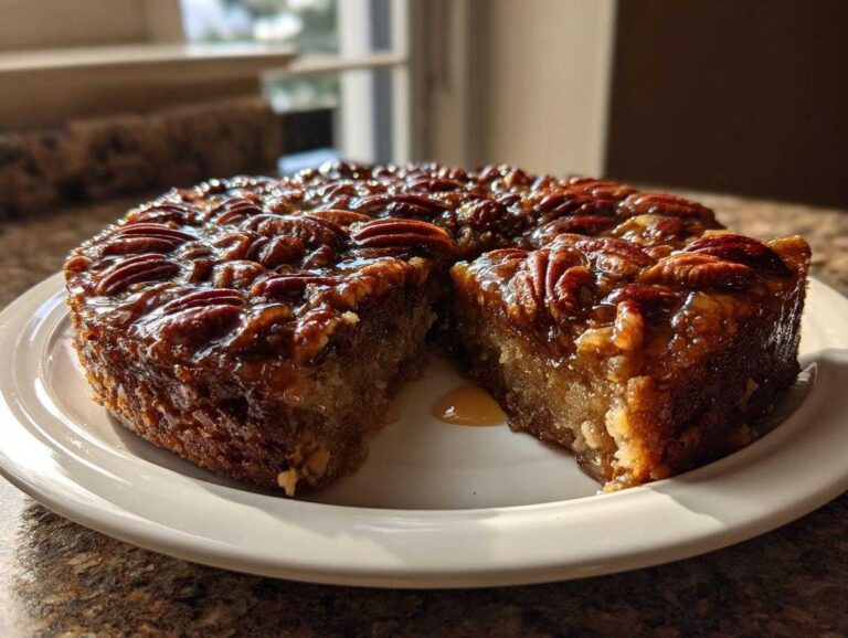 A rich, glazed pecan upside down cake sitting on a white plate with one slice cut out, showing the moist interior.