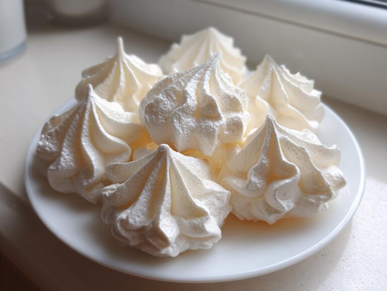 A close-up of several perfectly piped, white meringue cookies arranged on a small white plate.