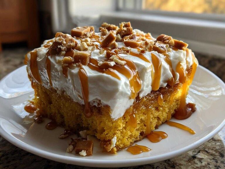 A decadent slice of pumpkin poke cake topped with whipped cream, caramel drizzle, and chopped pecans/toffee.