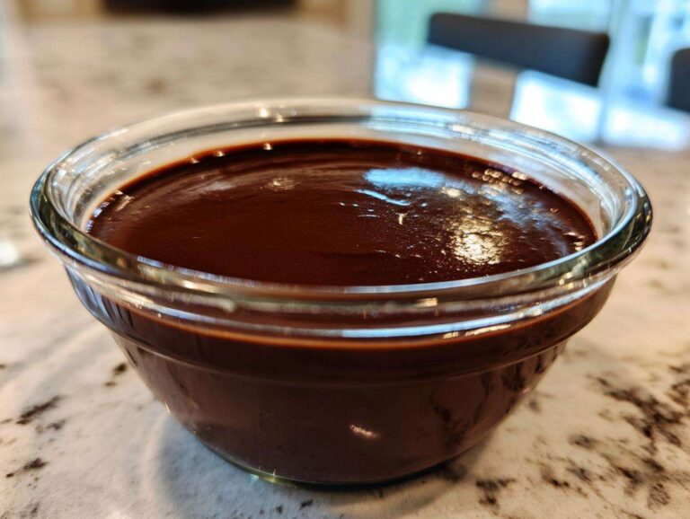Close-up of rich, dark homemade chocolate pudding served in a small clear glass bowl.