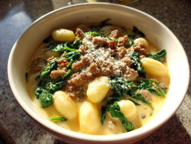 A close-up of a creamy sausage gnocchi soup featuring soft gnocchi, crumbled sausage, wilted spinach, and grated Parmesan cheese.