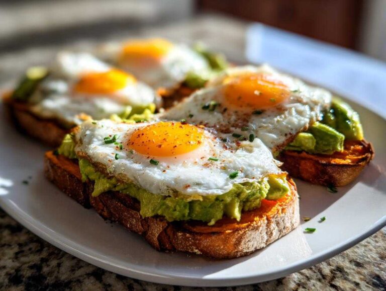 Close-up of savory sweet potato toast topped with mashed avocado and sunny-side-up eggs.