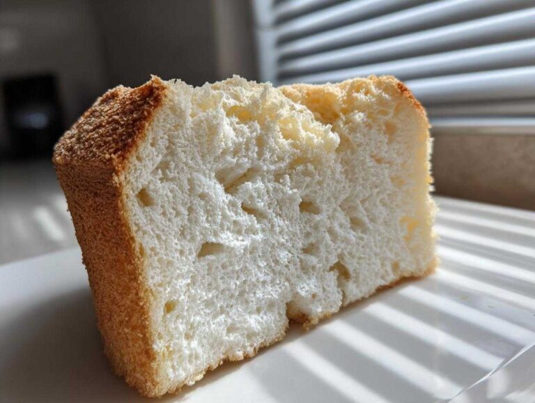 Close-up of a slice of airy angel food cake showing its white, porous interior and lightly browned crust.