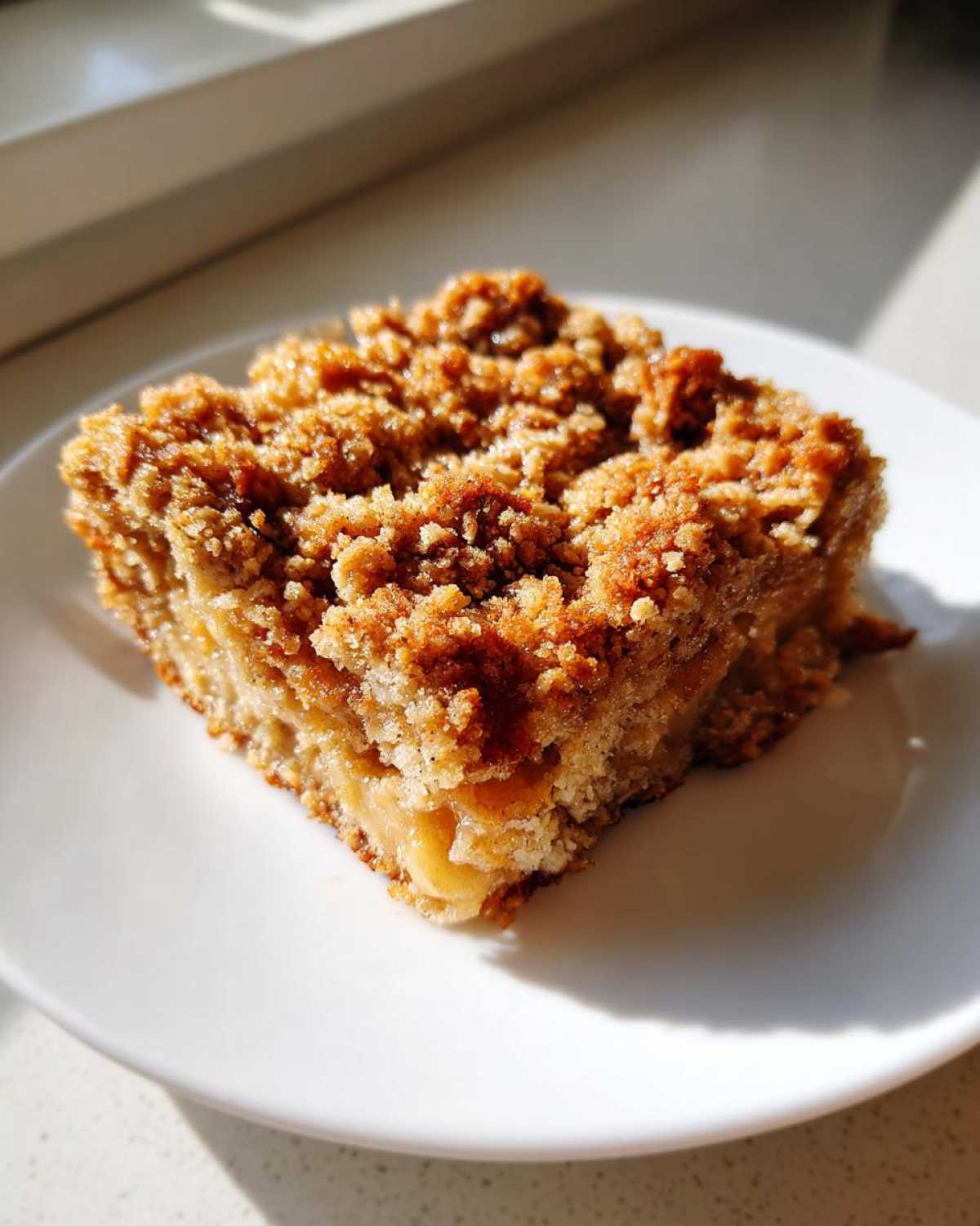 A square slice of baked oatmeal with a thick, golden brown cinnamon streusel topping, served on a white plate.