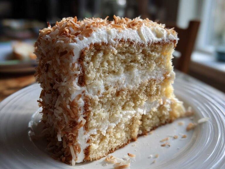 A close-up slice of moist coconut cake recipe layered with white frosting and covered in toasted coconut flakes.