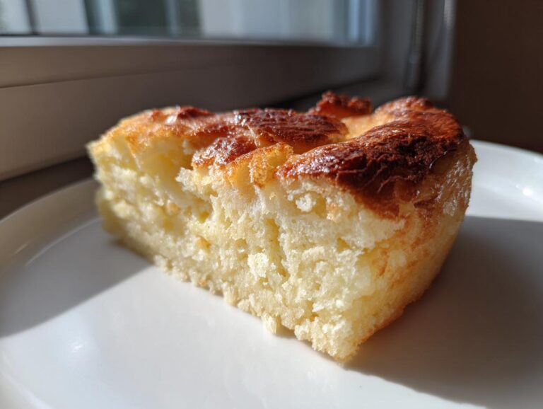 A close-up slice of moist condensed milk cake with a beautifully browned, slightly caramelized top, sitting on a white plate.