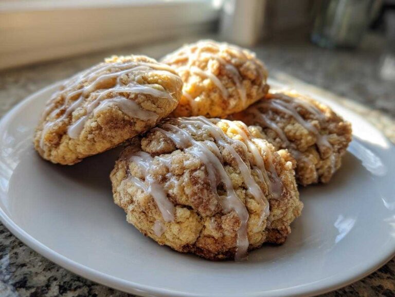 Four soft coffee cake cookies stacked slightly on a white plate, drizzled with vanilla glaze.