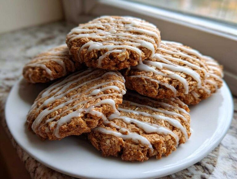 A stack of soft iced oatmeal cookies drizzled with white vanilla icing, resting on a white plate.