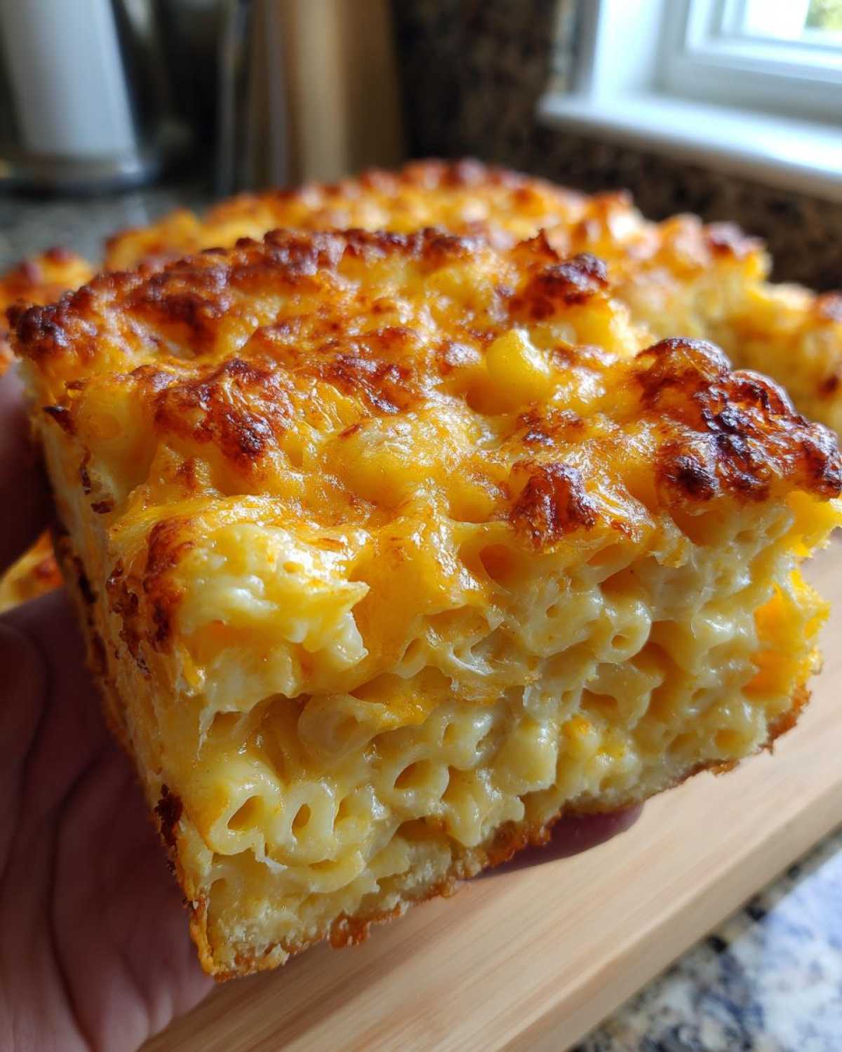 A thick, square slice of southern baked macaroni and cheese held up, showing creamy interior and a deeply browned, cheesy crust.