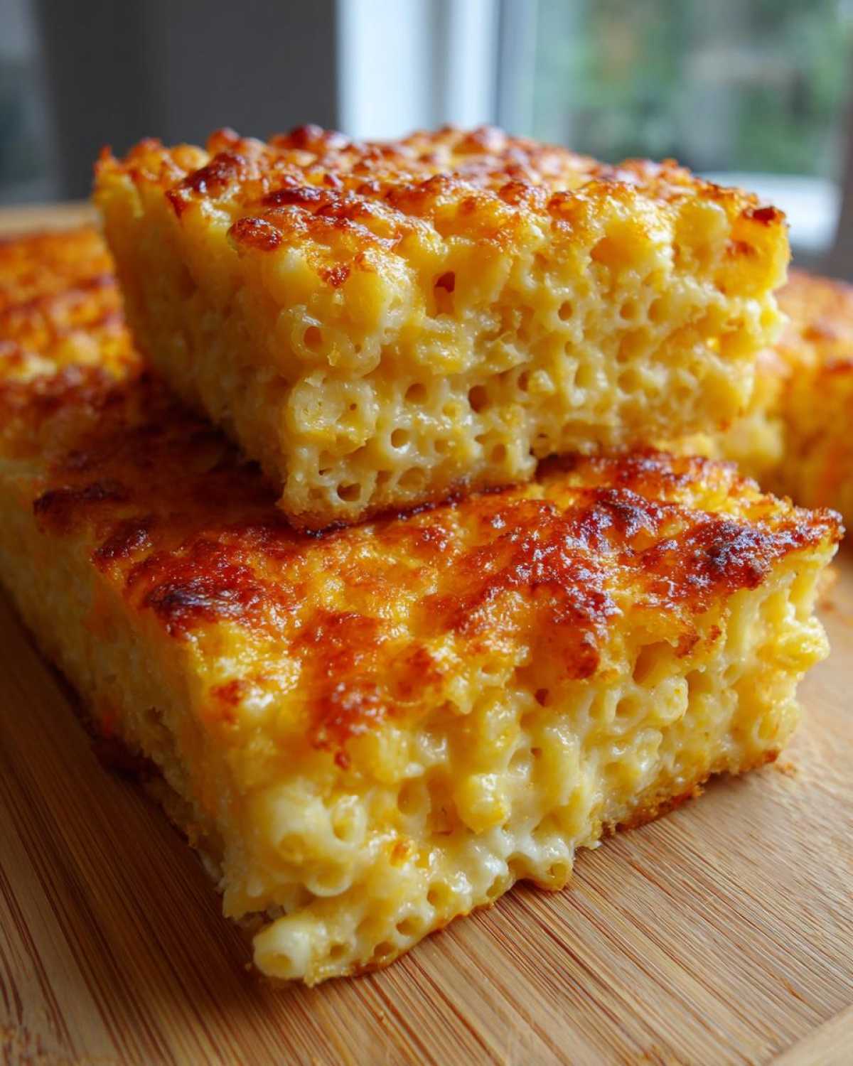 Two stacked squares of rich, baked southern baked macaroni and cheese with a golden, crispy cheese crust.