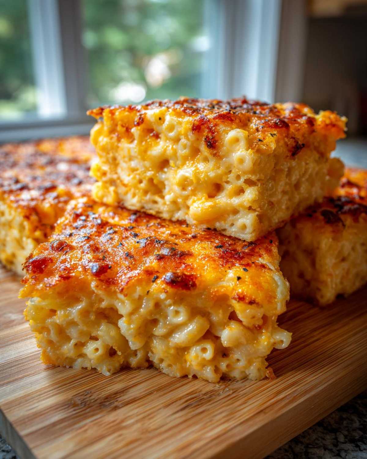 Close-up of thick squares of southern baked macaroni and cheese with a deeply browned, cheesy crust.
