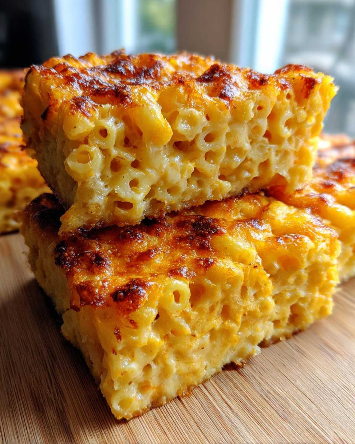 Two stacked squares of rich, baked southern macaroni and cheese with a deeply browned, cheesy crust.