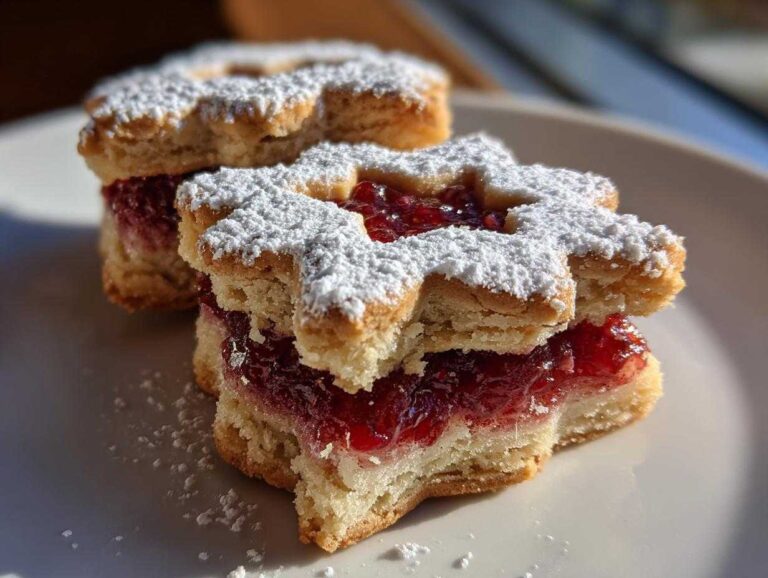 Two star-shaped linzer cookies filled with bright red jam and dusted heavily with powdered sugar.