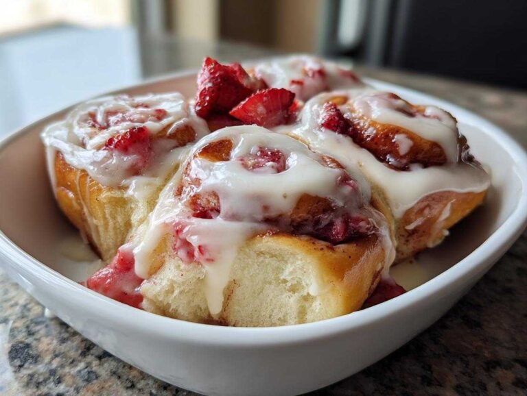 Close-up of warm Strawberry Cheesecake Sweet Rolls topped with cream cheese icing and fresh strawberry pieces.