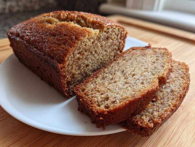 A freshly baked loaf of sugar free banana bread, partially sliced, resting on a white plate.