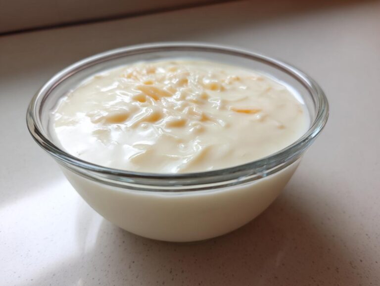 A close-up of thick, creamy homemade cream of chicken soup base with visible shreds of chicken in a small glass bowl.
