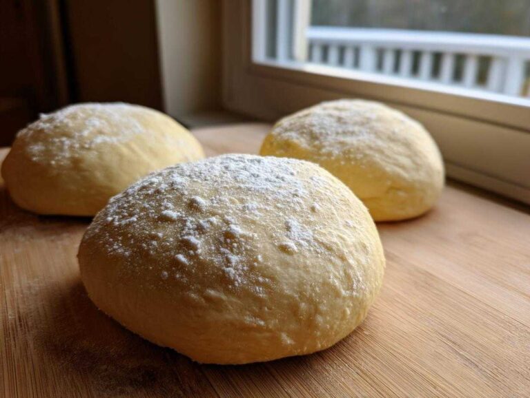 Three perfectly proofed balls of pizza dough recipe dusted lightly with flour on a wooden board.