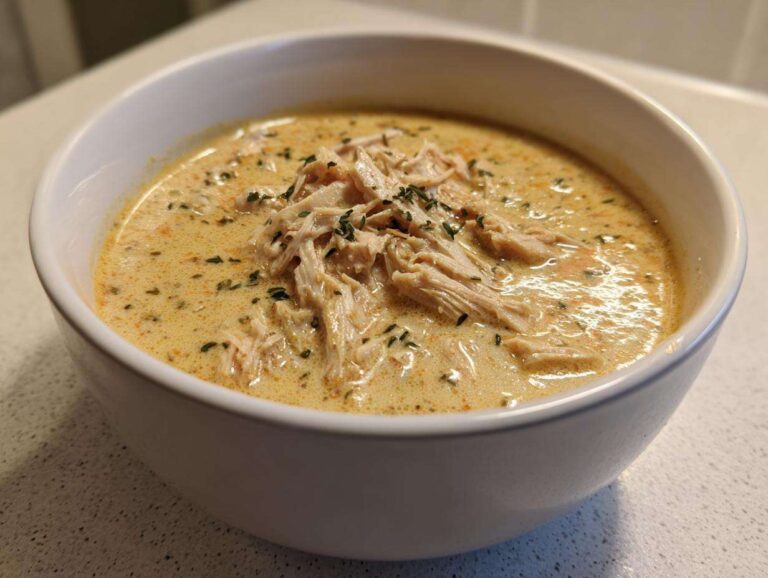 A close-up of a hearty bowl of upgraded cream of chicken soup topped with shredded chicken and herbs.