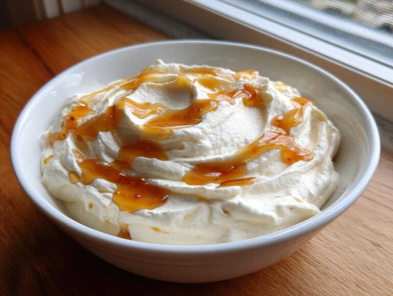 A close-up of creamy whipped ricotta dip with hot honey drizzled on top, served in a white bowl.
