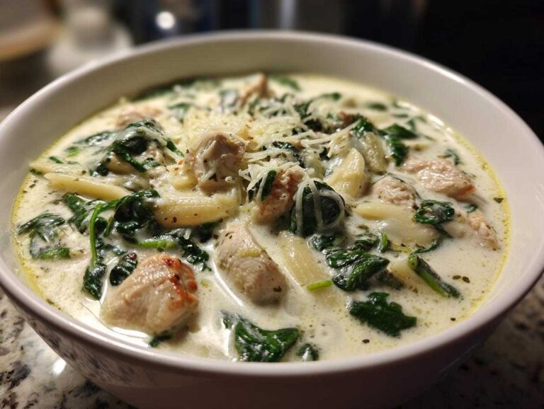 A close-up of a bowl of creamy white chicken lasagna soup with spinach, pasta, and grated Parmesan cheese.
