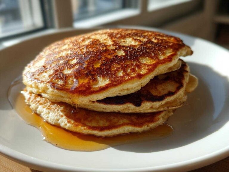 A close-up stack of three perfectly golden brown banana pancakes drizzled with syrup, sitting on a white plate.