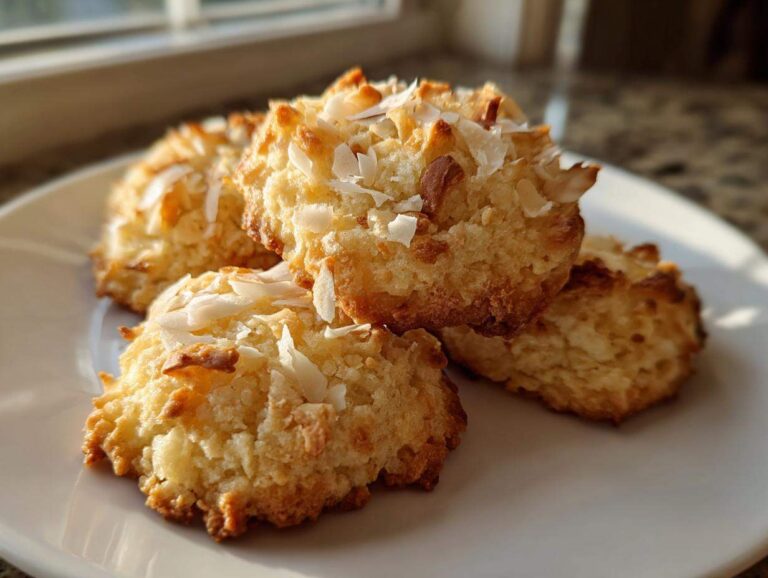 A small pile of golden brown 4 ingredient almond joy cookies topped with toasted coconut flakes on a white plate.