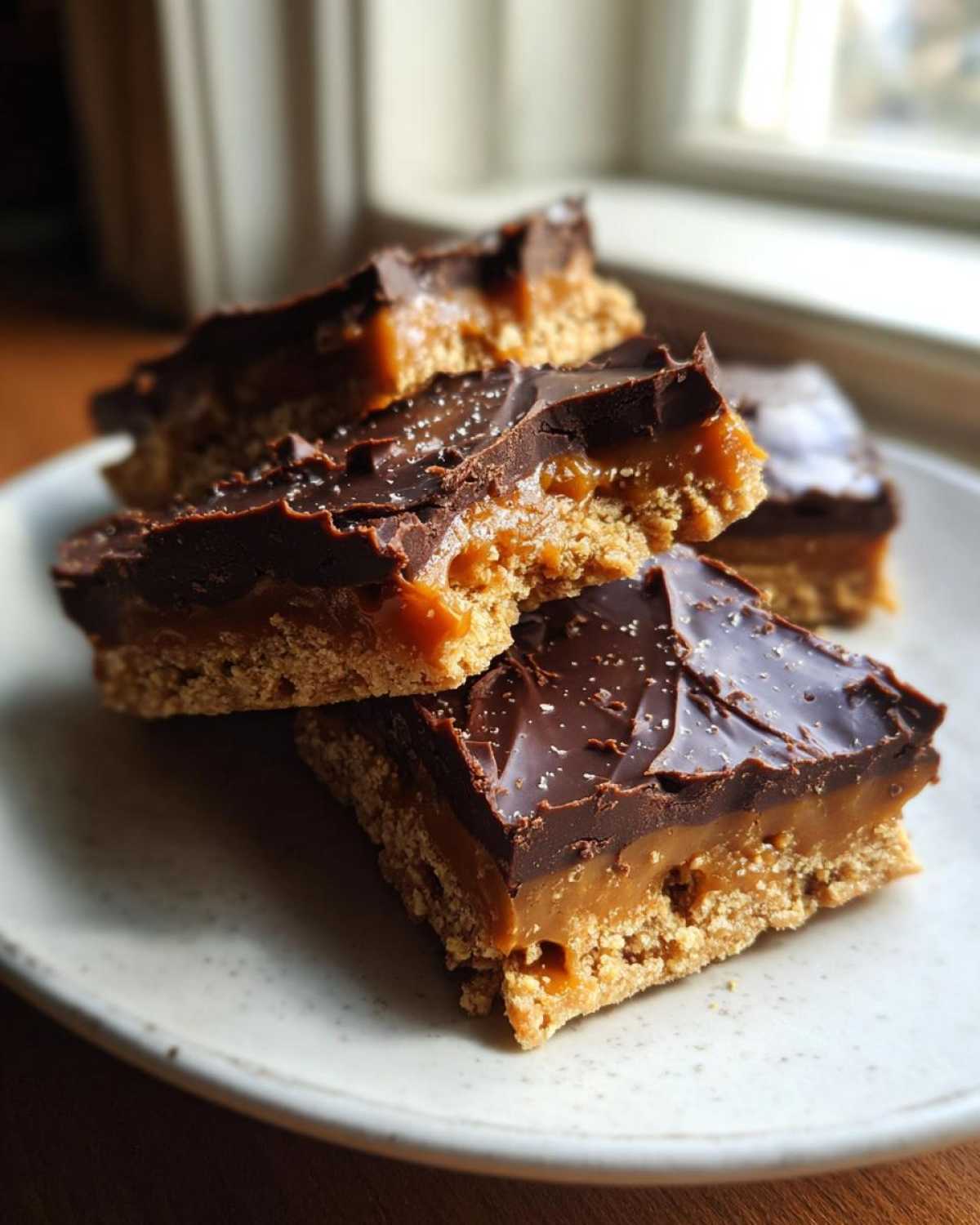 Four stacked squares of graham cracker toffee with a thick chocolate top and gooey caramel layer.