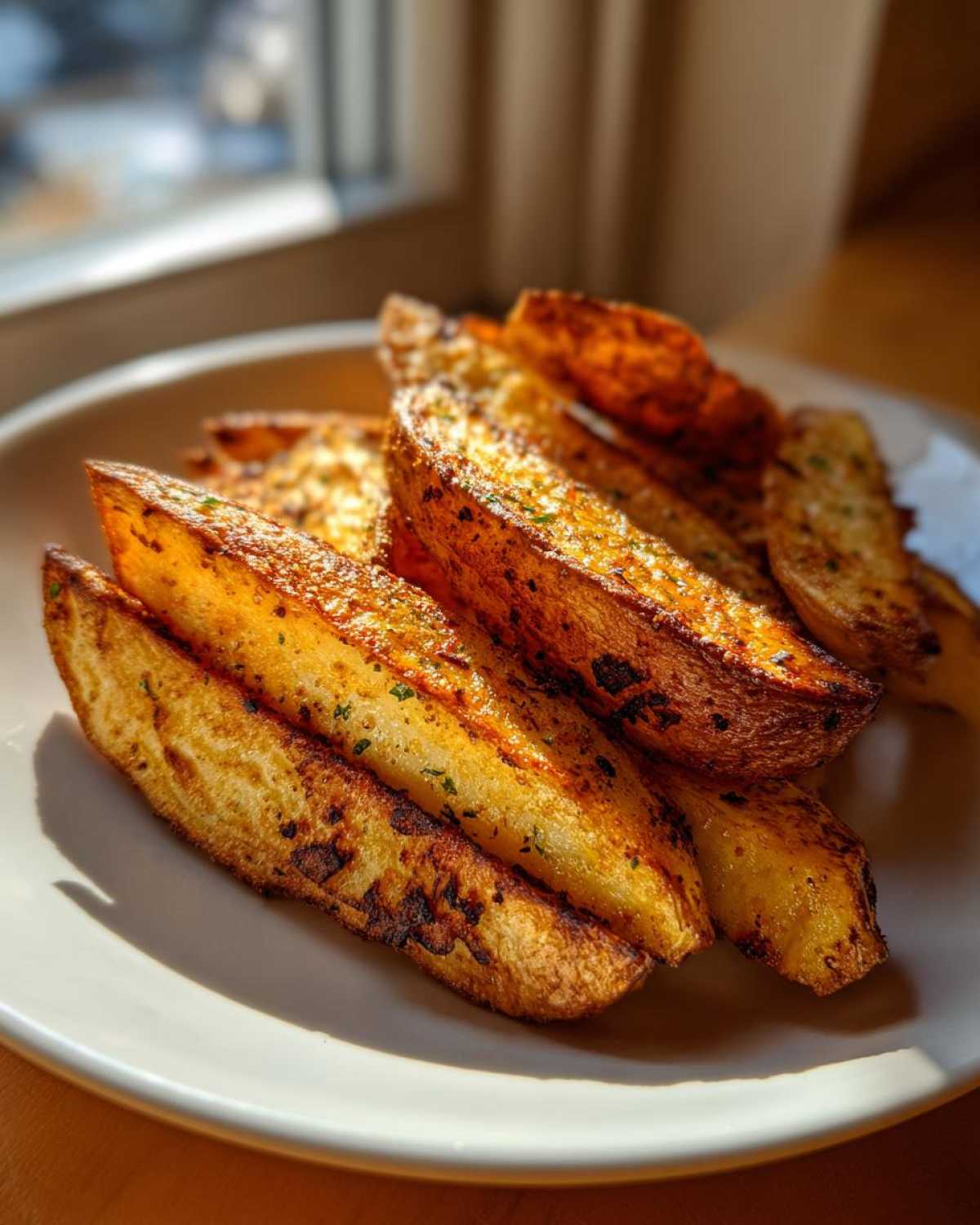Close-up of perfectly seasoned and crispy air fryer potato wedges piled on a white plate, catching natural sunlight.