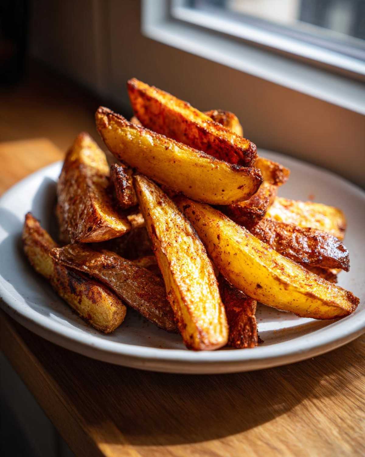A pile of golden brown, seasoned air fryer potato wedges served on a light-colored plate near a window.