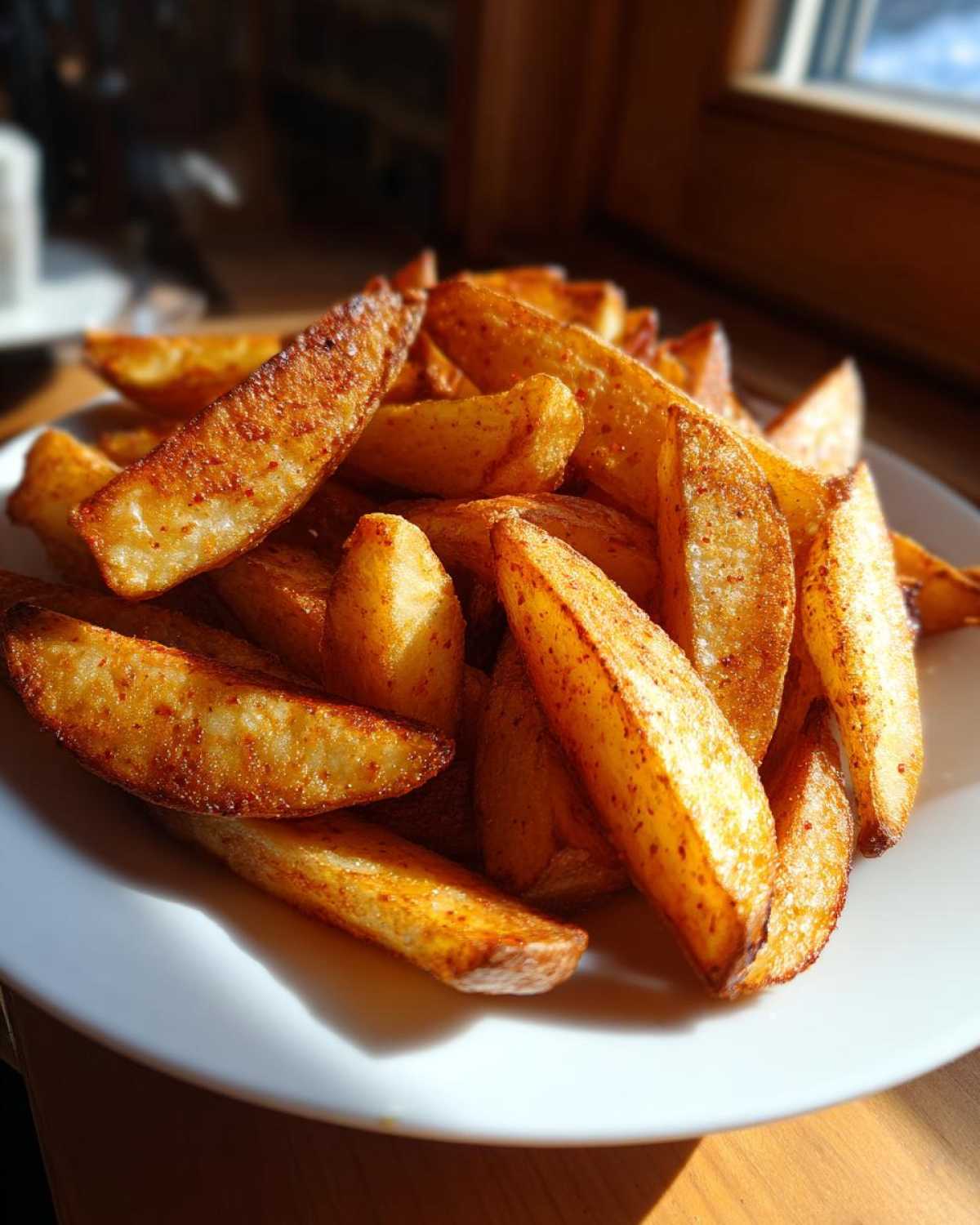 A close-up of a pile of perfectly cooked, golden brown air fryer potato wedges seasoned with spices.