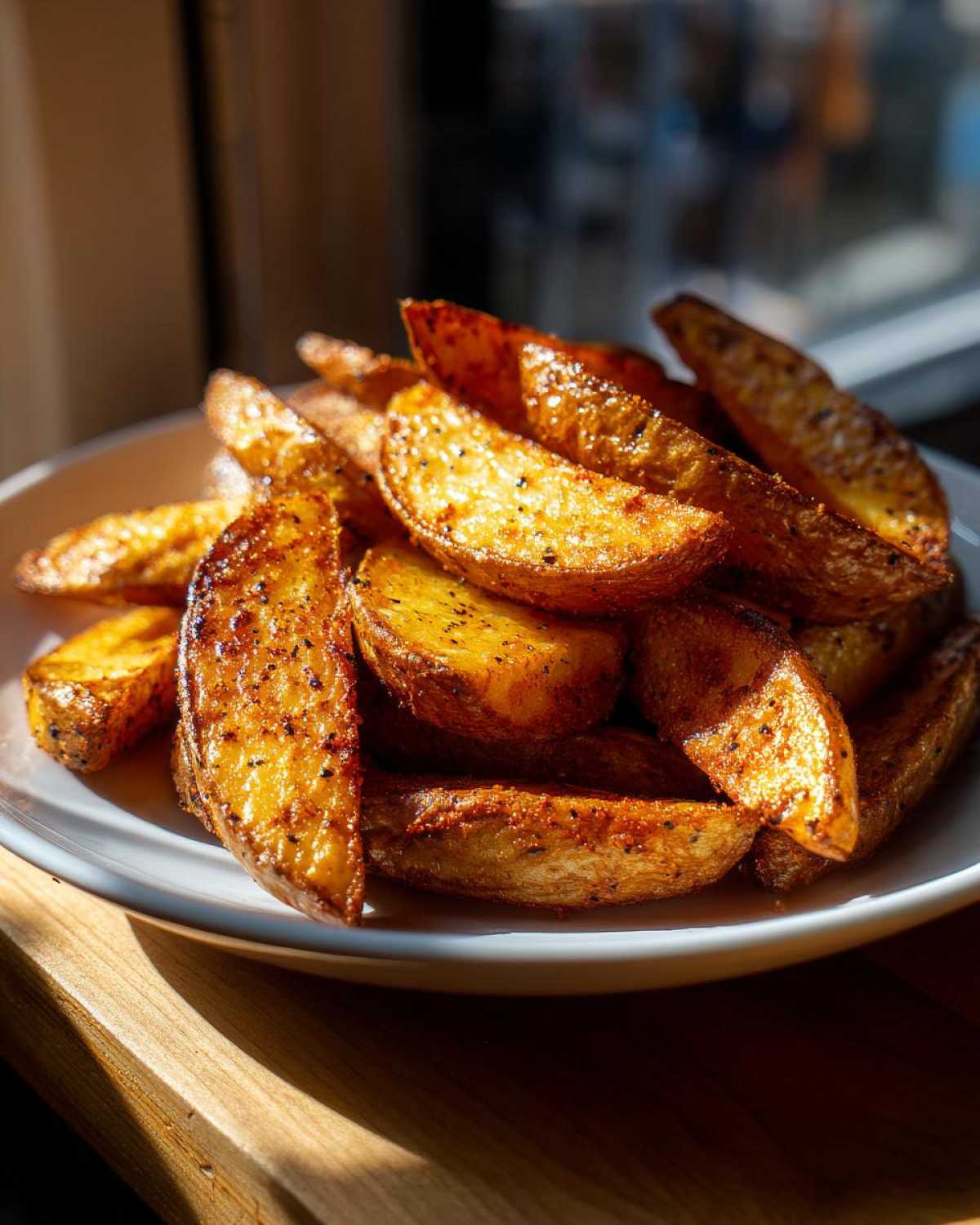 A close-up of golden brown, seasoned air fryer potato wedges piled high on a white plate.