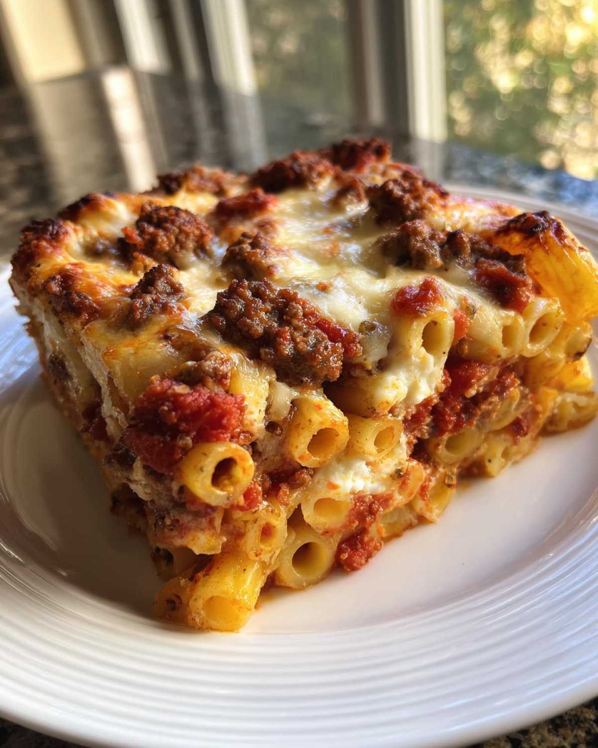 A generous slice of baked ziti style pasta bake layered with meat sauce and melted cheese.