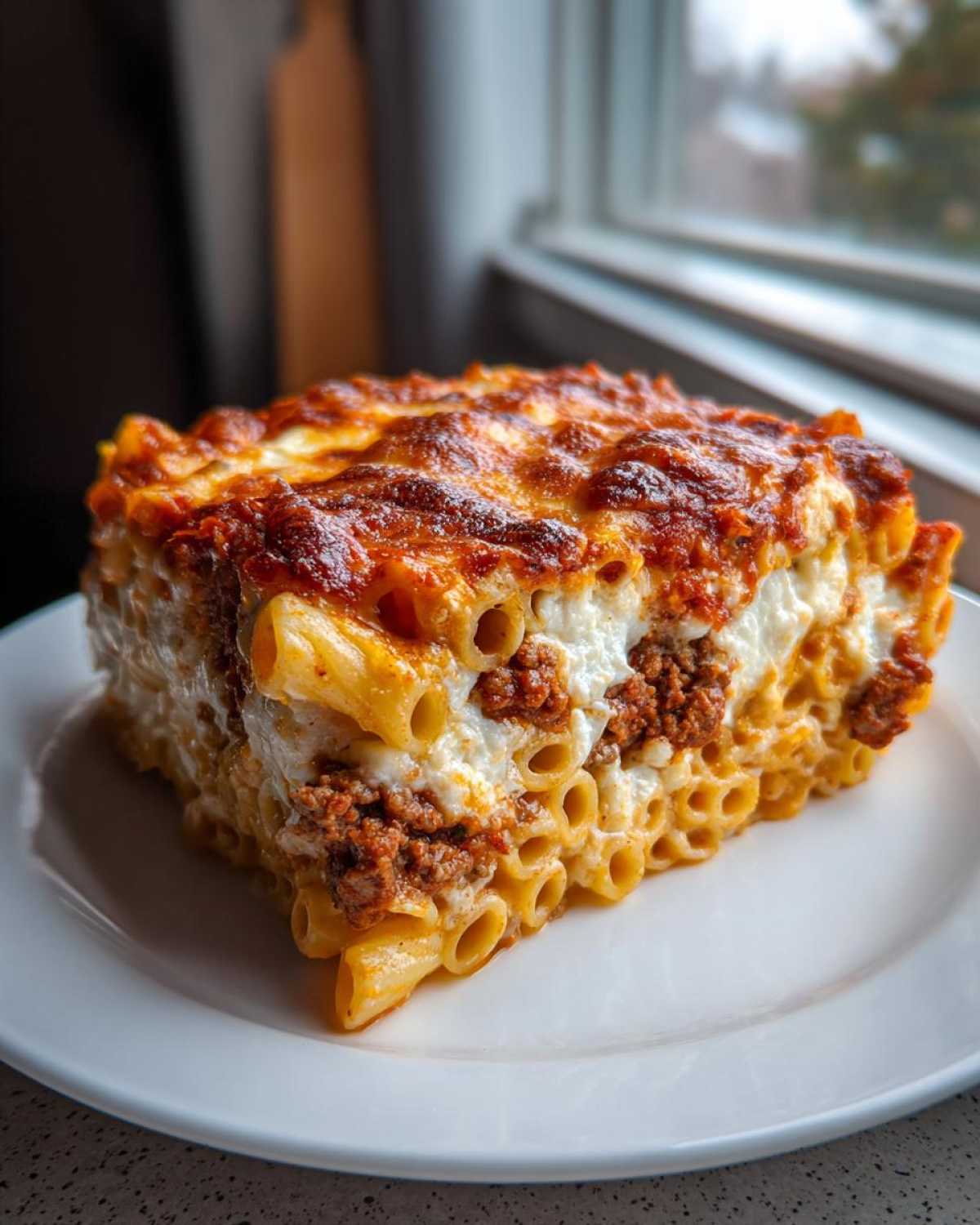 A thick, square slice of baked ziti or pasta bake showing layers of tube pasta, meat sauce, and melted cheese topping.