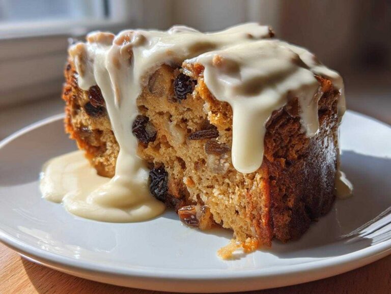 A moist slice of bread pudding studded with raisins, generously topped with a thick vanilla cream sauce.