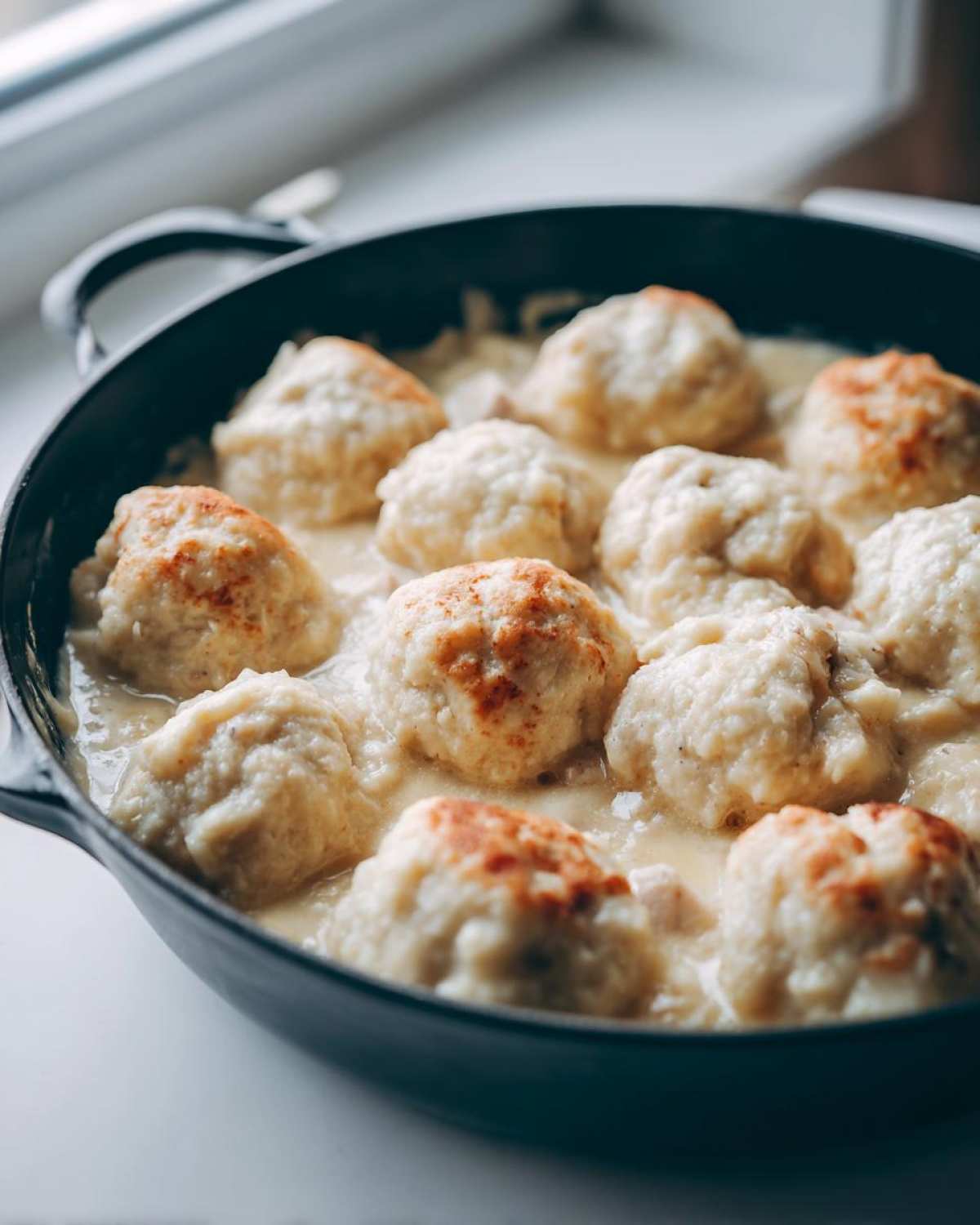 Close-up of fluffy dumplings simmering in creamy sauce in a cast iron skillet, showcasing amazing chicken and dumplings.