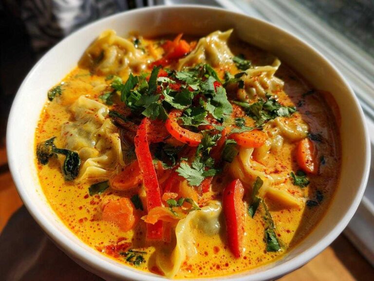 Close-up of a white bowl filled with rich, orange coconut curry soup featuring dumplings, sliced red peppers, carrots, and fresh cilantro.