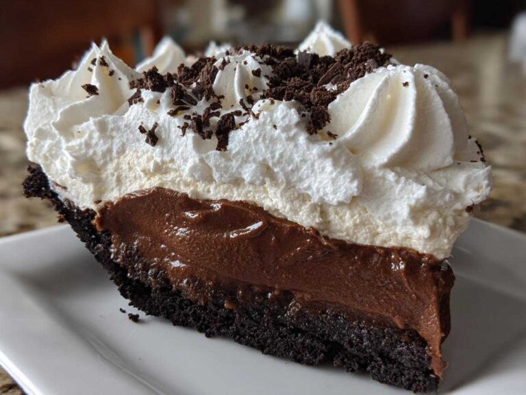 A thick slice of rich chocolate mud pie featuring a dark crust, creamy chocolate filling, and a generous topping of whipped cream and chocolate shavings.