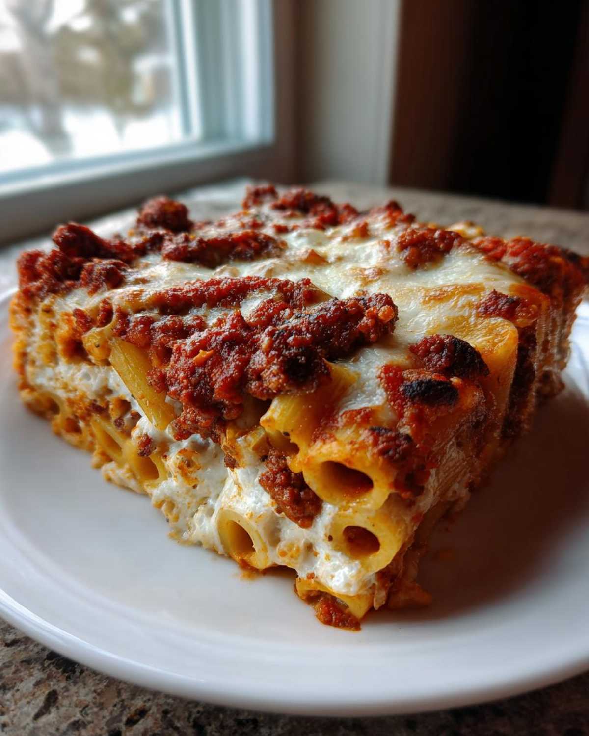 Close-up of a hearty slice of baked ziti or pasta bake, showing rigatoni pasta, ricotta cheese, and meat sauce topped with melted cheese.