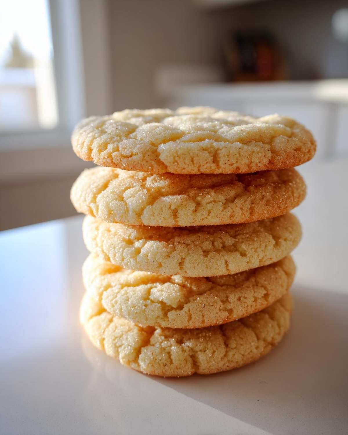A vertical stack of four golden brown soft sugar cookies coated in sparkling sugar crystals.