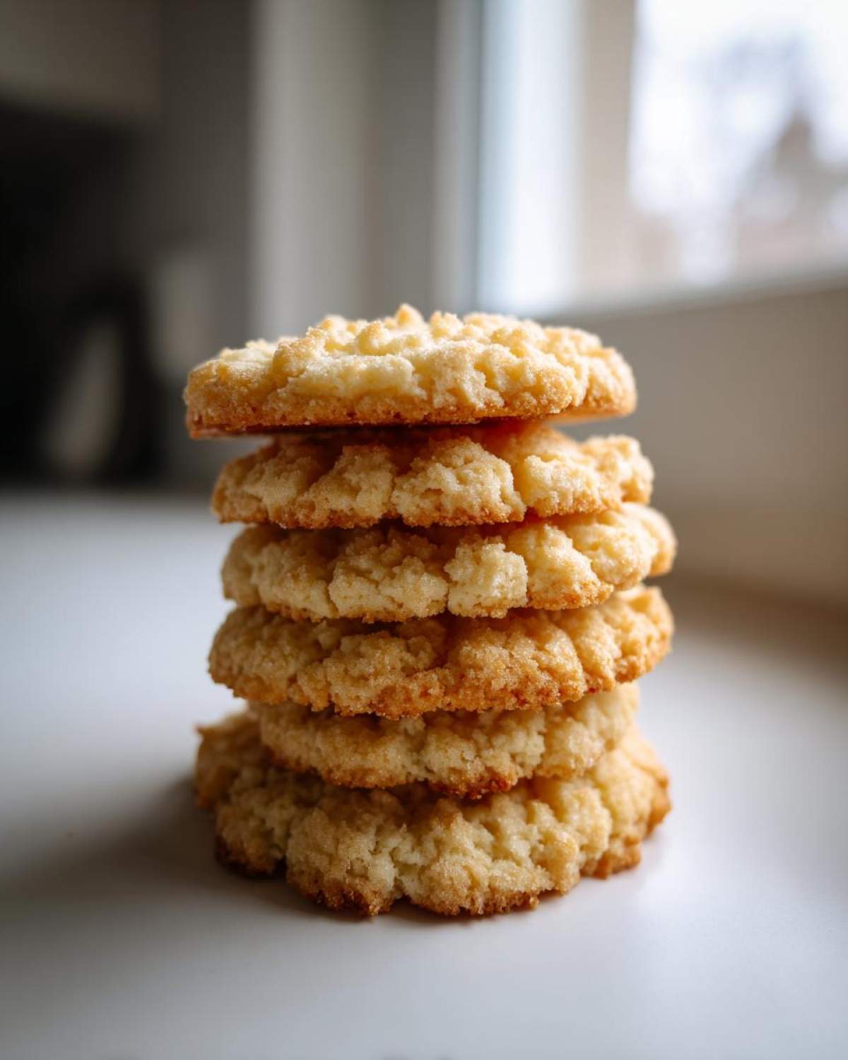 A vertical stack of five golden brown, textured soft sugar cookies resting on a white surface.