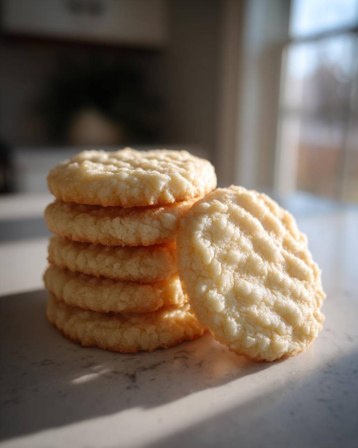 A stack of five light, textured soft sugar cookies with one leaning against the side, dramatically lit by sunlight.