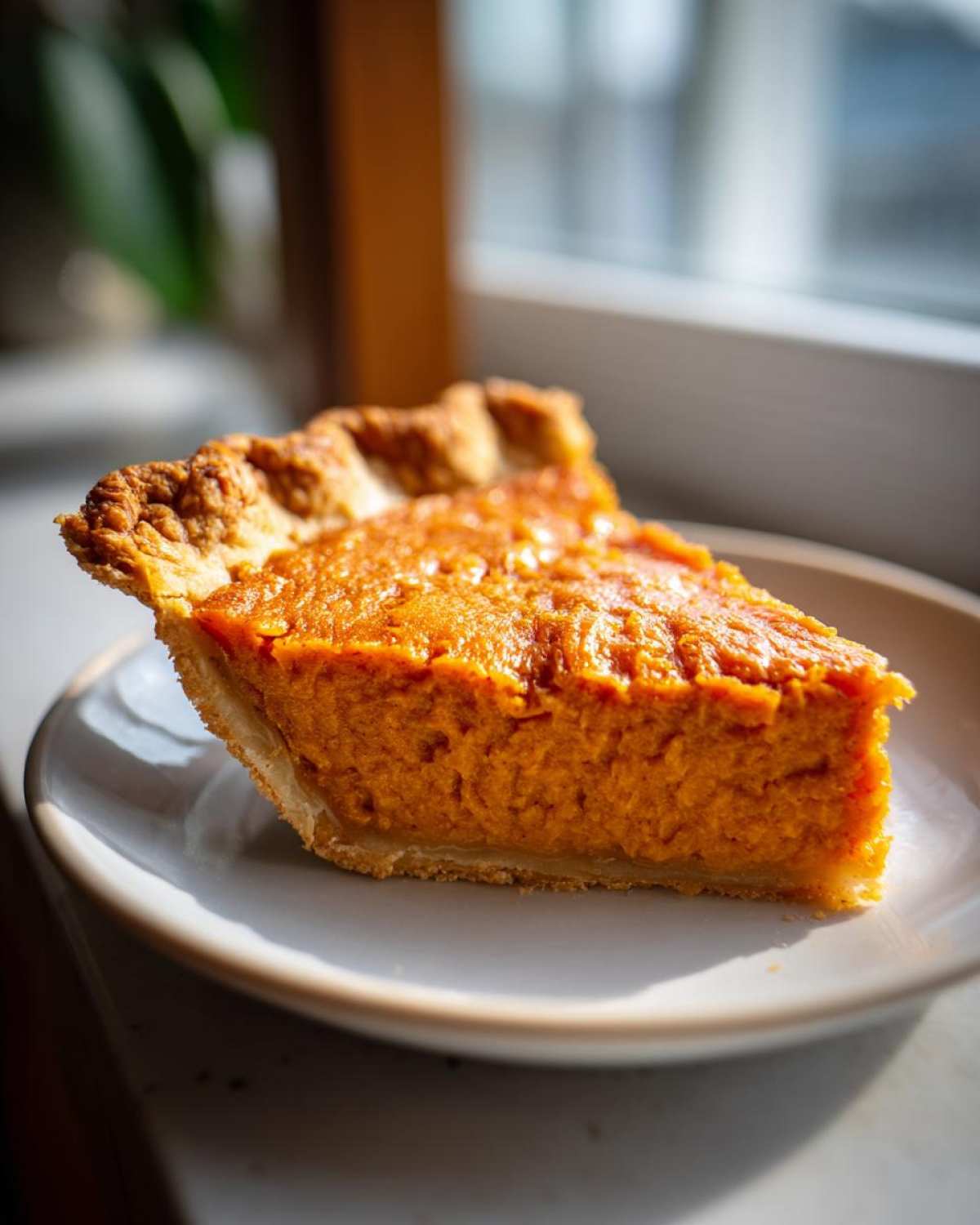 A close-up, sunlit slice of rich orange sweet potato pie resting on a white plate.