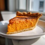 A close-up, sunlit slice of vibrant orange sweet potato pie on a white plate.