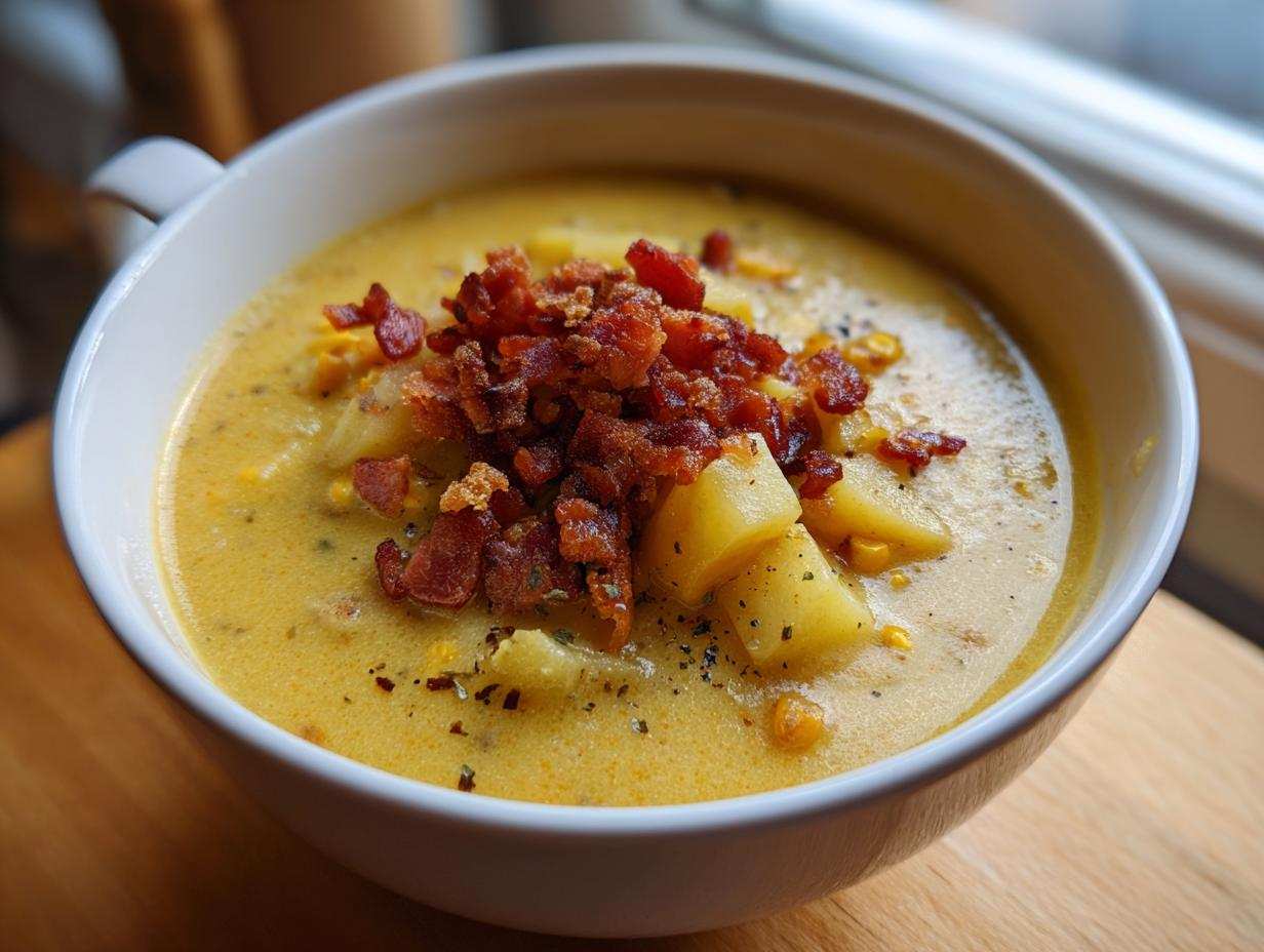 A close-up of a creamy yellow corn chowder recipe topped generously with crispy bacon bits and chunks of potato.