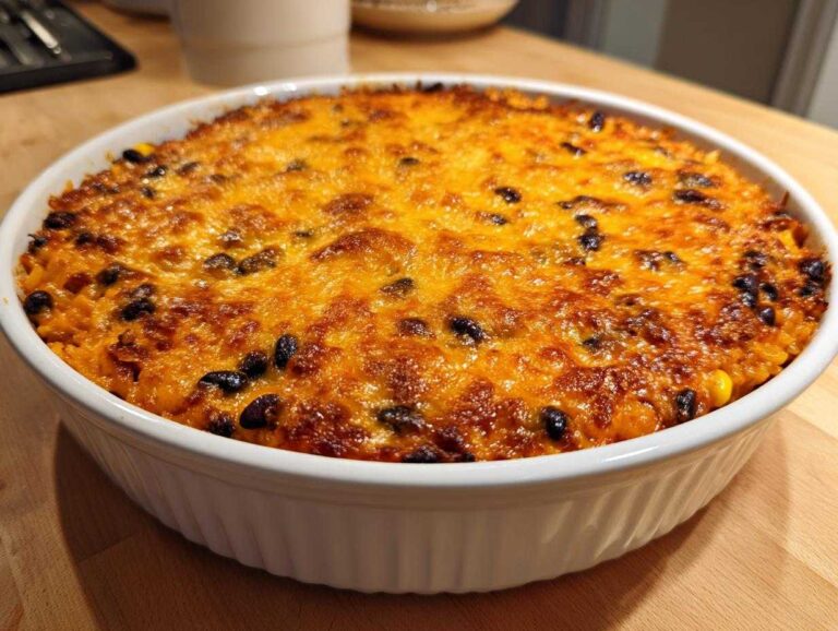 A freshly baked Mexican rice casserole in a white dish, topped with melted, browned cheddar cheese and black beans.