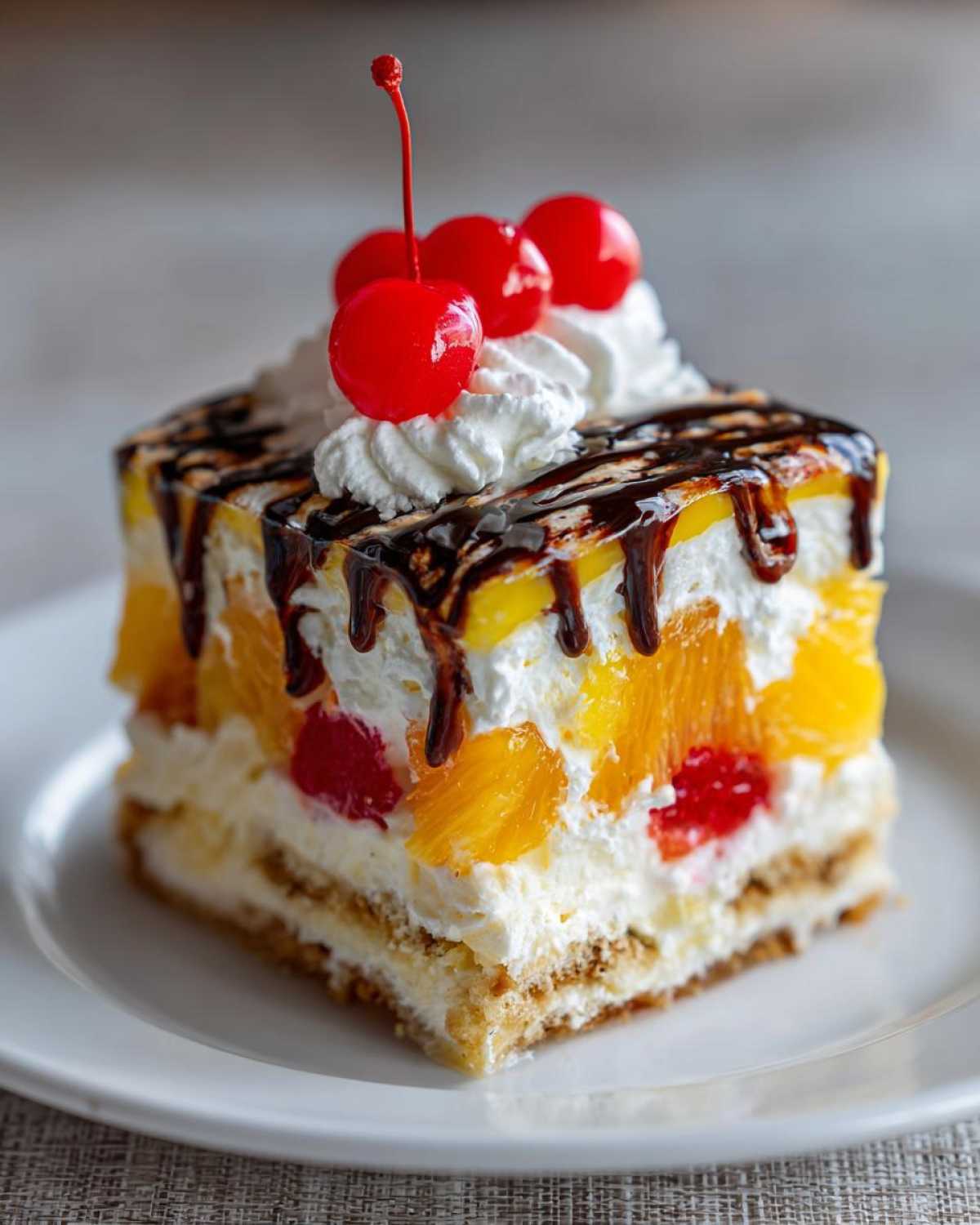 A square slice of banana split cake topped with whipped cream, chocolate drizzle, and maraschino cherries.