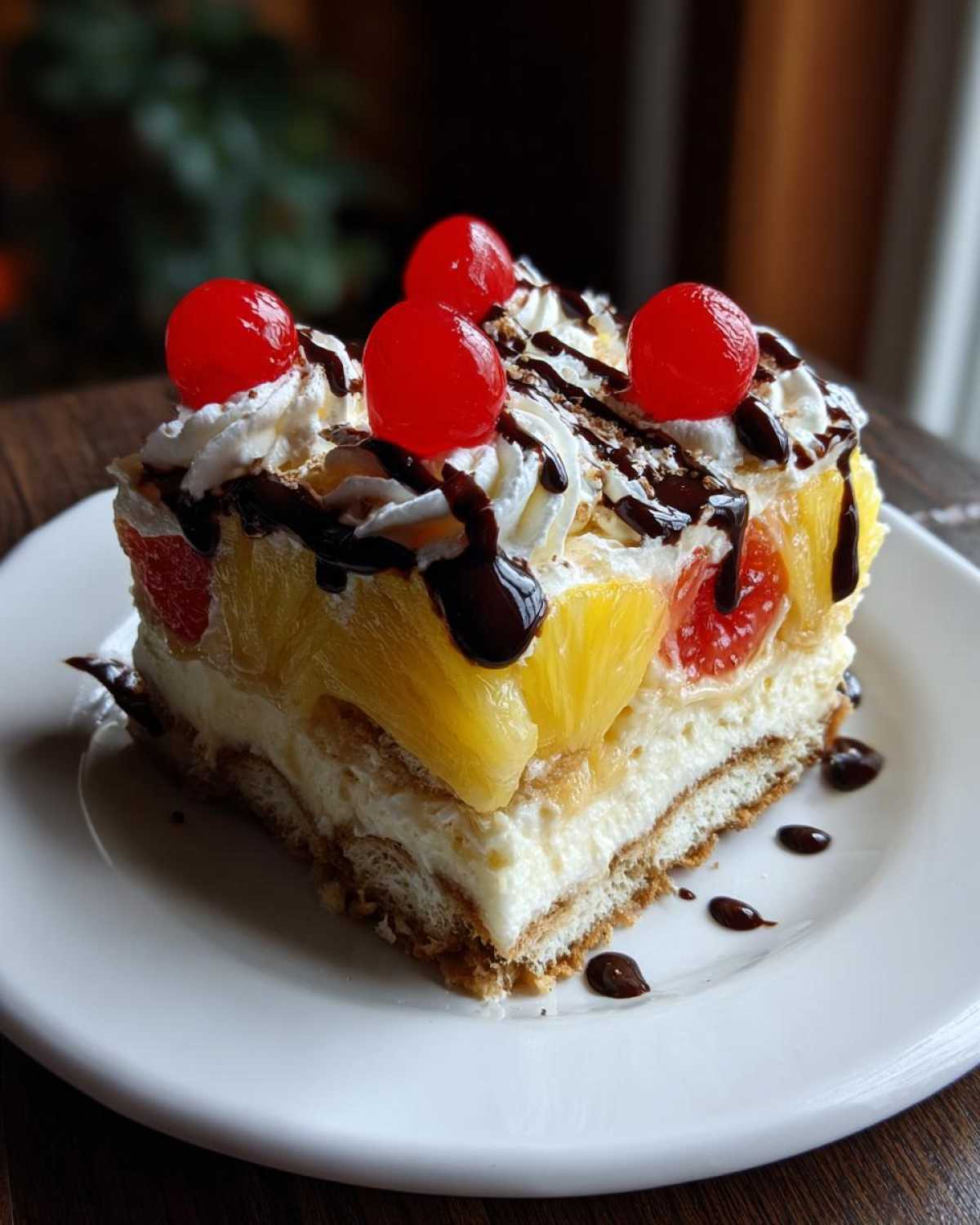 A decadent slice of banana split cake topped with whipped cream, pineapple, maraschino cherries, and chocolate drizzle.