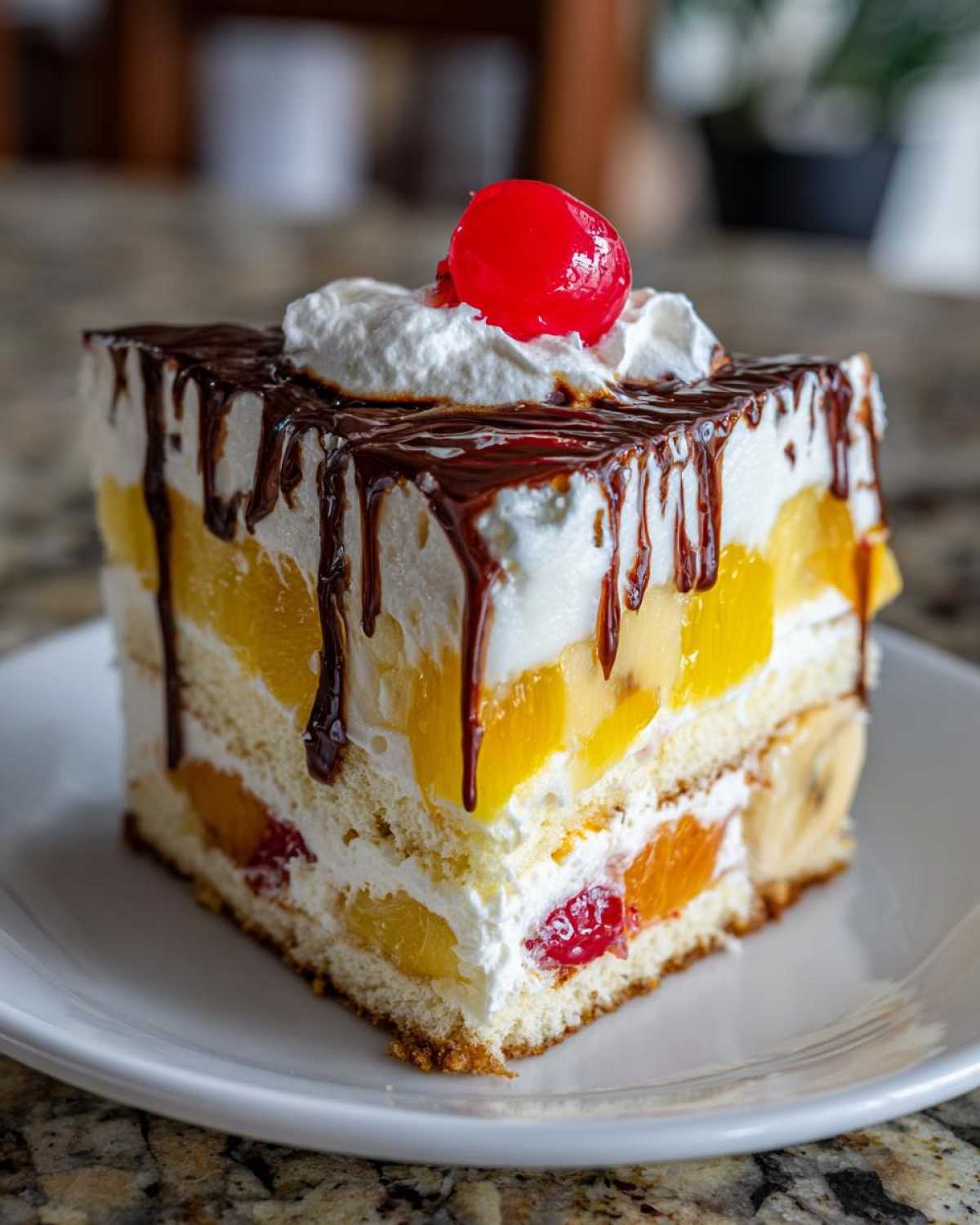 A decadent slice of banana split cake layered with sponge cake, cream, fruit, and topped with chocolate drizzle and a maraschino cherry.