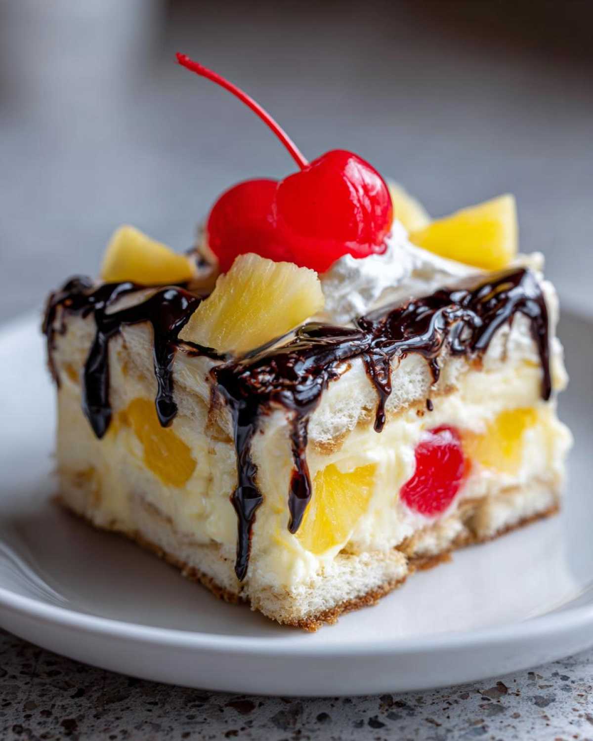 Close-up of a slice of banana split cake layered with cream and fruit, topped with chocolate syrup and a maraschino cherry.